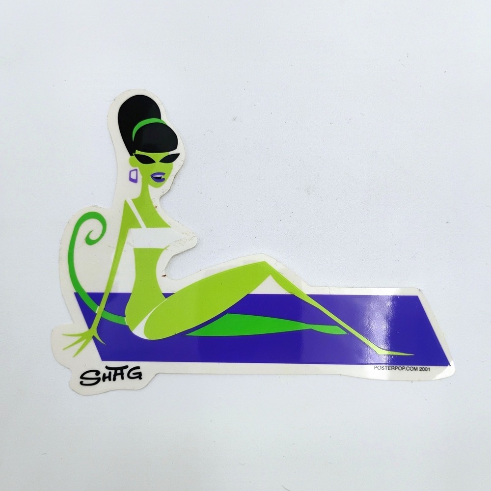 Shag Josh Agle 2001 Poster Pop Sticker Retro Mid Century Green Girl DecalVTG